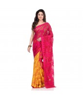 dB Desh Bidesh Women`s Bengal Handloom Tant Soft Dhakai Jamdani Cotton Saree Whole Body Design (Pink Yellow)