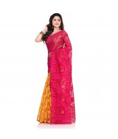 dB Desh Bidesh Women`s Bengal Handloom Tant Soft Dhakai Jamdani Cotton Saree Whole Body Design (Pink Yellow)