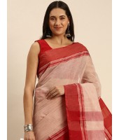 Traditional Bengal Tant Pure Handloom Cotton Saree with Kantha Stitch (Red-White) - Durga Puja Collection