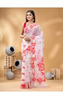 Kaveri Flower Design Dhakai jamdani Bengal Pure Cotton Handloom Saree Whole Body Design (Red White)