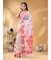  Kaveri Flower Design Dhakai jamdani Bengal Pure Cotton Handloom Saree Whole Body Design (Red White)