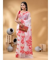  Kaveri Flower Design Dhakai jamdani Bengal Pure Cotton Handloom Saree Whole Body Design (Red White)