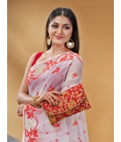  Kaveri Flower Design Dhakai jamdani Bengal Pure Cotton Handloom Saree Whole Body Design (Red White)