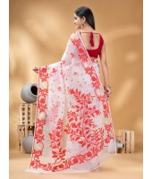  Kaveri Flower Design Dhakai jamdani Bengal Pure Cotton Handloom Saree Whole Body Design (Red White)