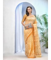 dB DESH BIDESH Women`s Bengal Tant Kerala Print Design Pure Handloom Cotton Saree Without Blouse Piece Golden