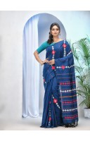 Bengali Khesh Pure Cotton Handloom Saree Diamond Designed With Blouse Piece(Prussian Blue)