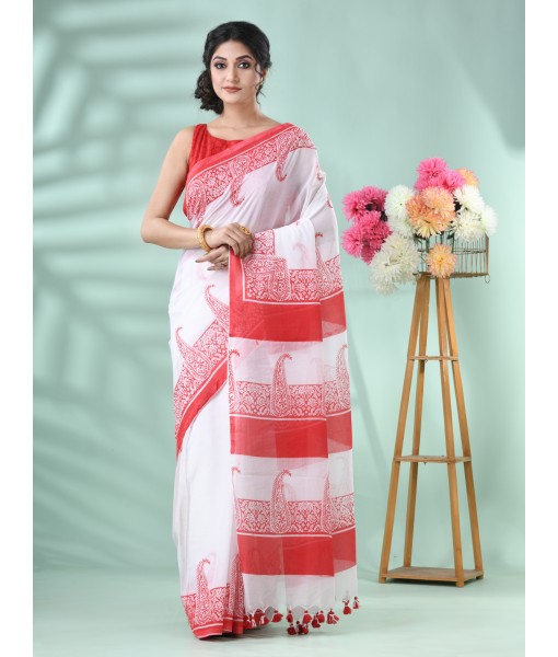  Bengal Handloom Pure Cotton Saree Kolka Shree Printed Design Without Blouse Piece (White red)