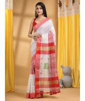  Bengal Handloom Pure Cotton Saree Kotki Design With Blouse Piece (White Red)