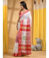  Bengal Handloom Pure Cotton Saree Kotki Design With Blouse Piece (White Red)