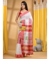  Bengal Handloom Pure Cotton Saree Kotki Design With Blouse Piece (White Red)