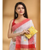  Bengal Handloom Pure Cotton Saree Kotki Design With Blouse Piece (White Red)