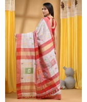  Bengal Handloom Pure Cotton Saree Kotki Design With Blouse Piece (White Red)