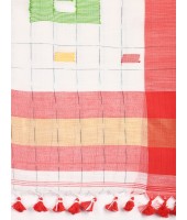  Bengal Handloom Pure Cotton Saree Kotki Design With Blouse Piece (White Red)