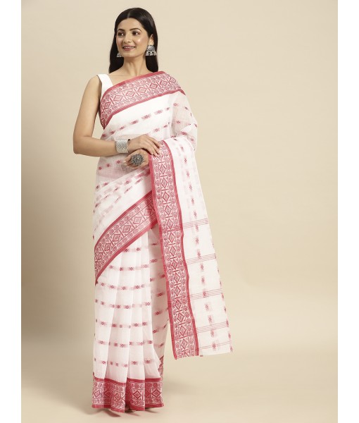 Bengal Tant Woven Lal Paar Sada Design Cotton Saree (Red-White) - Durga Puja Collection