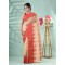 Pure Handloom Cotton Saree Leaf Buti Red Par Woven Design Without Blouse Piece (Red Off White)