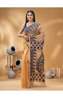 Resham Dhakai Jamdani Pure Cotton Handloom Saree Lojjaboti Design without Blouse Piece (Light Orange)