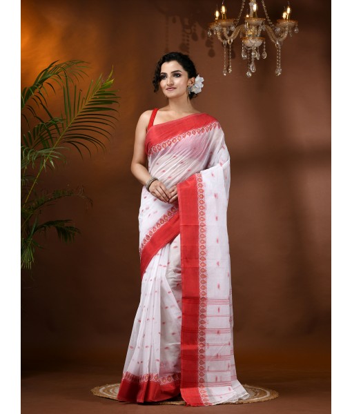 Lotus Bud Woven Designer Cotton Saree Without Blouse Piece White Red - Durga Puja Collection