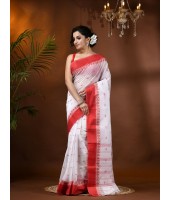 Lotus Bud Woven Designer Cotton Saree Without Blouse Piece White Red - Durga Puja Collection