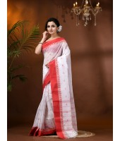 Lotus Bud Woven Designer Cotton Saree Without Blouse Piece White Red - Durga Puja Collection