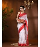 Lotus Bud Woven Designer Cotton Saree Without Blouse Piece White Red - Durga Puja Collection