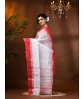 Lotus Bud Woven Designer Cotton Saree Without Blouse Piece White Red - Durga Puja Collection