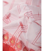 Lotus Bud Woven Designer Cotton Saree Without Blouse Piece White Red - Durga Puja Collection