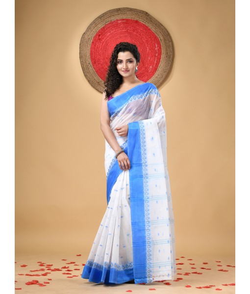 Handloom Cotton Saree Lotus Bud Woven Designer Without Blouse Piece (White Blue)