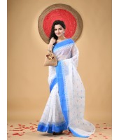 Handloom Cotton Saree Lotus Bud Woven Designer Without Blouse Piece (White Blue)