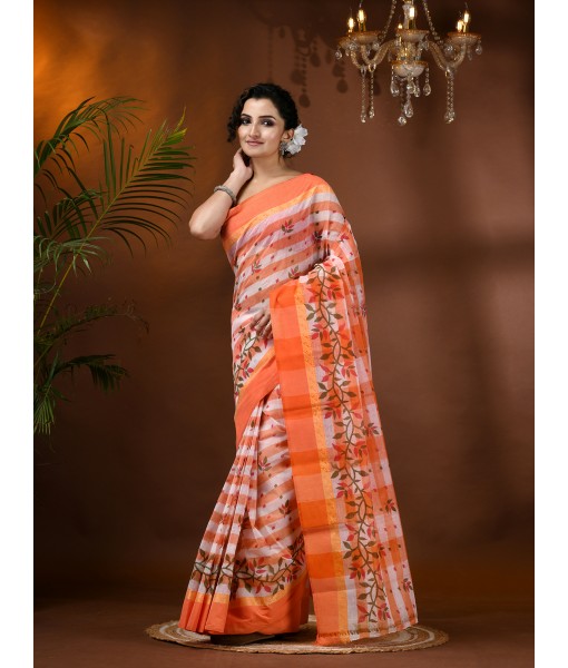  Madhabilata Print Design Pure Handloom Cotton Saree Without Blouse Piece (Orange)