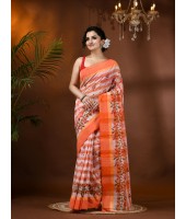  Madhabilata Print Design Pure Handloom Cotton Saree Without Blouse Piece (Orange)