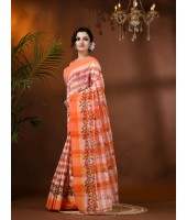  Madhabilata Print Design Pure Handloom Cotton Saree Without Blouse Piece (Orange)