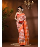  Madhabilata Print Design Pure Handloom Cotton Saree Without Blouse Piece (Orange)