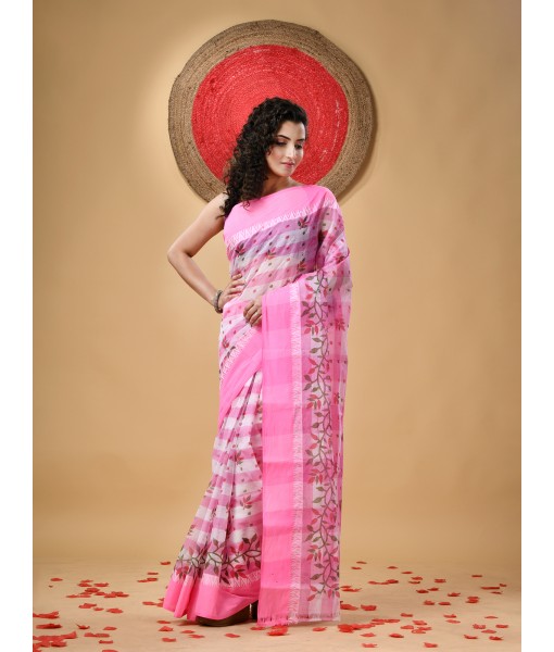  Madhabilata Print Design Pure Handloom Cotton Saree Without Blouse Piece (Pink)