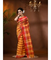  Madhabilata Print Design Pure Handloom Cotton Saree Without Blouse Piece (Red Yellow)