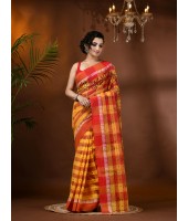  Madhabilata Print Design Pure Handloom Cotton Saree Without Blouse Piece (Red Yellow)