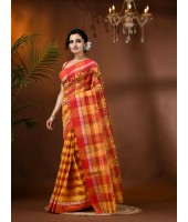  Madhabilata Print Design Pure Handloom Cotton Saree Without Blouse Piece (Red Yellow)