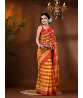  Madhabilata Print Design Pure Handloom Cotton Saree Without Blouse Piece (Red Yellow)