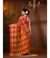  Madhabilata Print Design Pure Handloom Cotton Saree Without Blouse Piece (Red Yellow)