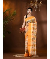 Madhabilata Print Design Pure Handloom Cotton Saree Without Blouse Piece (Yellow)