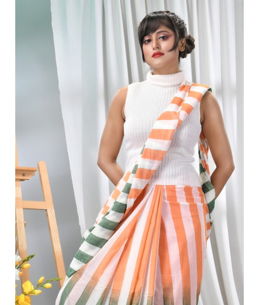 Women`s Pure Malmal Cotton and Bengal Soft Khadi Mul Mul Handloom Cotton Saree in Tricolour (Orange White Green)