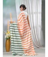 Women`s Pure Malmal Cotton and Bengal Soft Khadi Mul Mul Handloom Cotton Saree in Tricolour (Orange White Green)