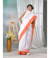 Women's Pure Cotton Handloom Flag Colour Saree Orange, White and Green 