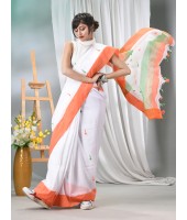 Women's Pure Cotton Handloom Flag Colour Saree Orange, White and Green 