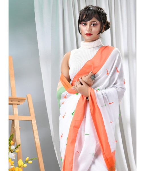Women's Pure Cotton Handloom Flag Colour Saree Orange, White and Green 