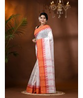  Handloom Cotton Saree Mina Pyramid Woven Designer Without Blouse Piece (White)