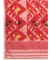 Handloom Soft Moti Dhakai Jamdani Pure Cotton Saree (White-Red) with Whole Body Design - Durga Puja Collection