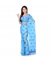 dB DESH BIDESH Women`s Traditional Soft Mulmul Bengal Handloom Pure Cotton Saree Without Blouse Piece (Sky Blue Deep Blue)