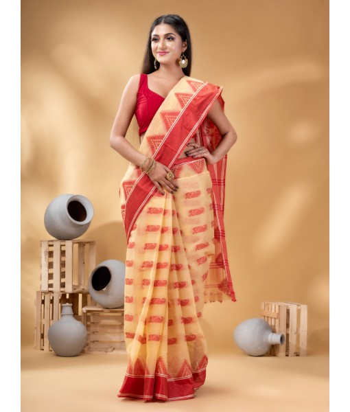 Pure Handloom Cotton Saree Woven NabaDurga Design Without Blouse Piece (Off White Red)