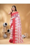  Tant Pure Handloom Cotton Saree Woven NabaDurga Design Without Blouse Piece (Red White)