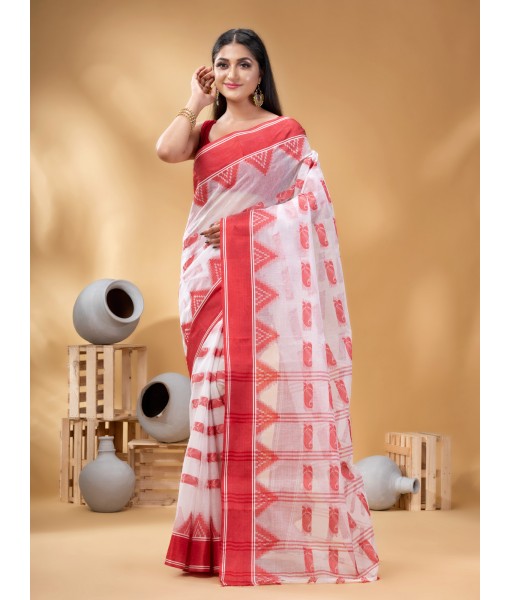  Tant Pure Handloom Cotton Saree Woven NabaDurga Design Without Blouse Piece (Red White)